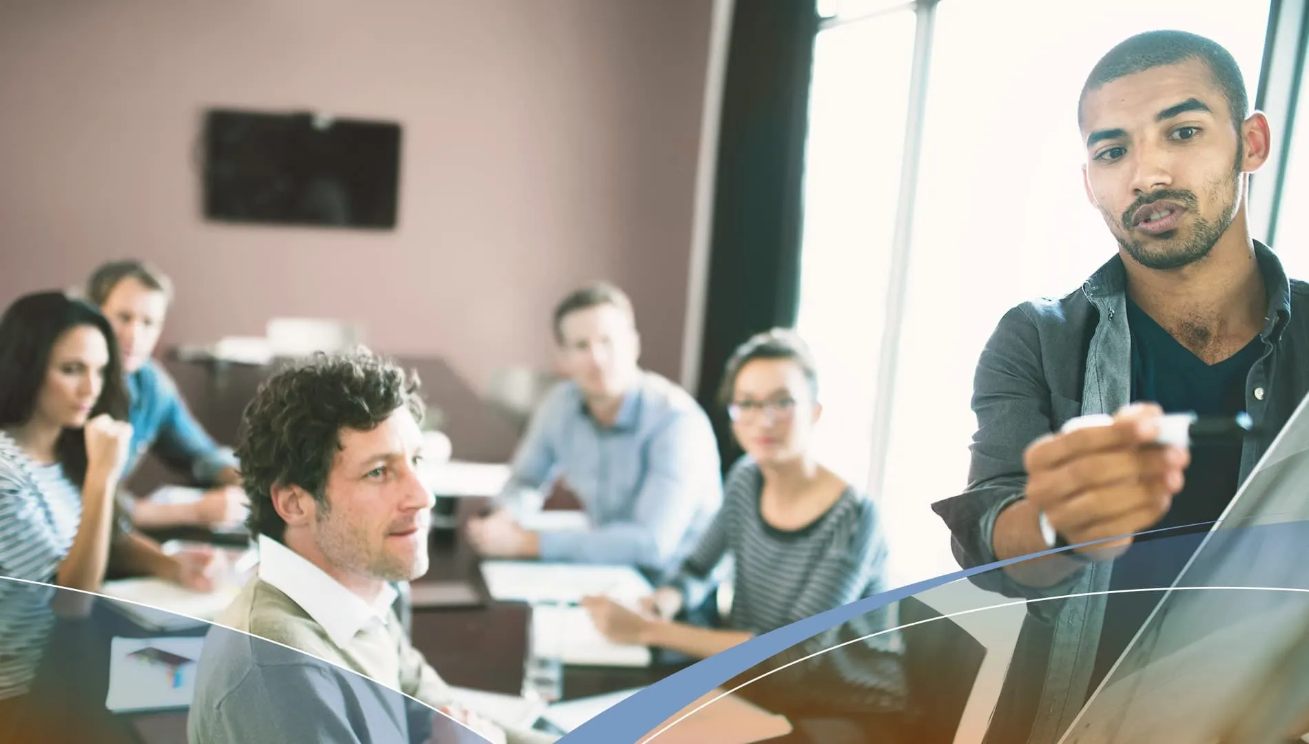 Business meeting. Man presenting CRM Analytics